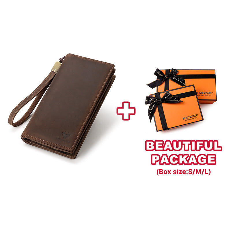 Men's First Layer Cowhide Drawstring Mobile Long Men's Wallets