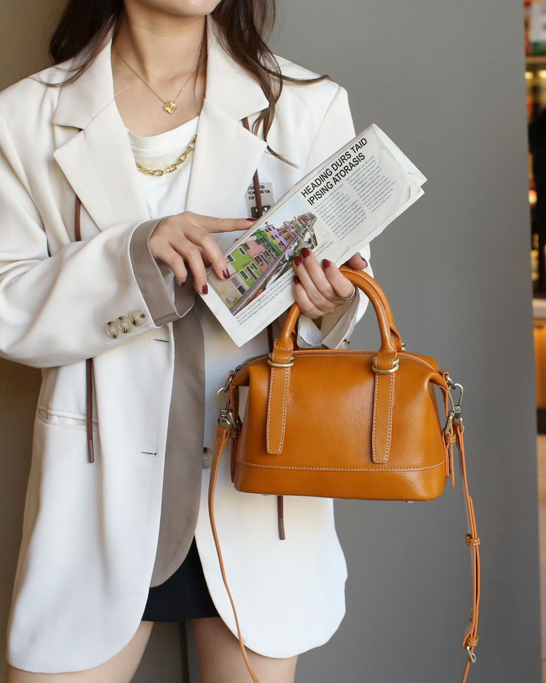 Women's First Layer Vegetable Tanning Leather Soft Boston Simple Handbags