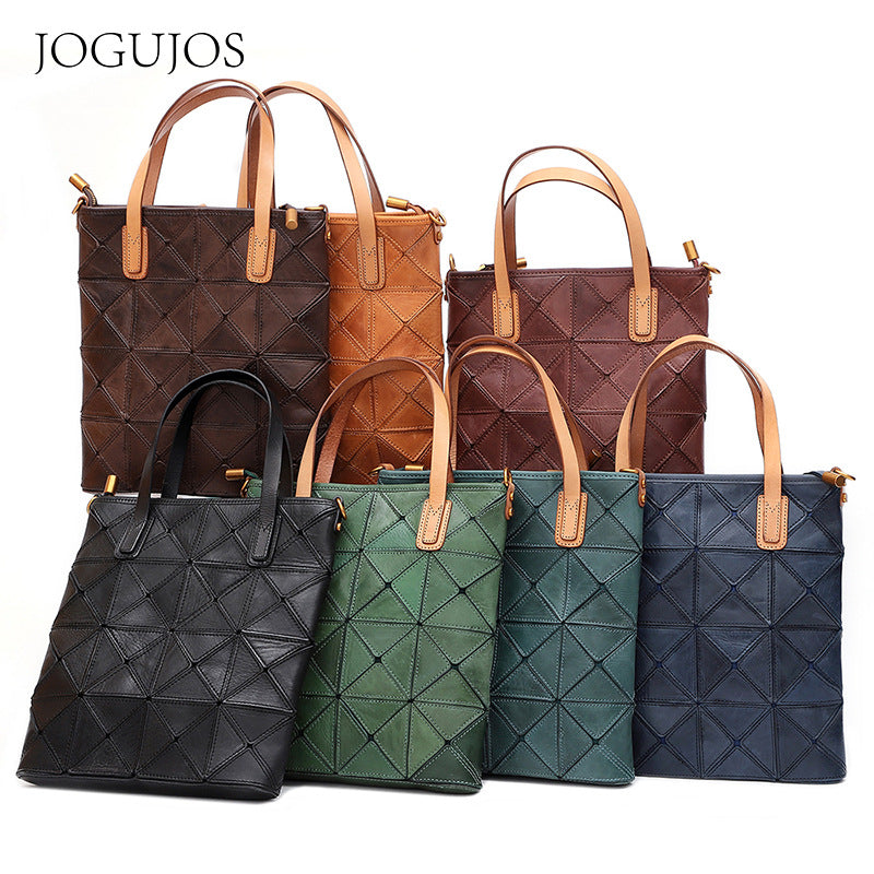 Women's Retro First Layer Cowhide Stitching Portable Shoulder Bags