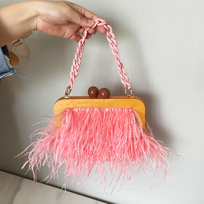Women's Niche Acrylic Chain Furry Dinner Fluffy Underarm Ostrich Feather Bags