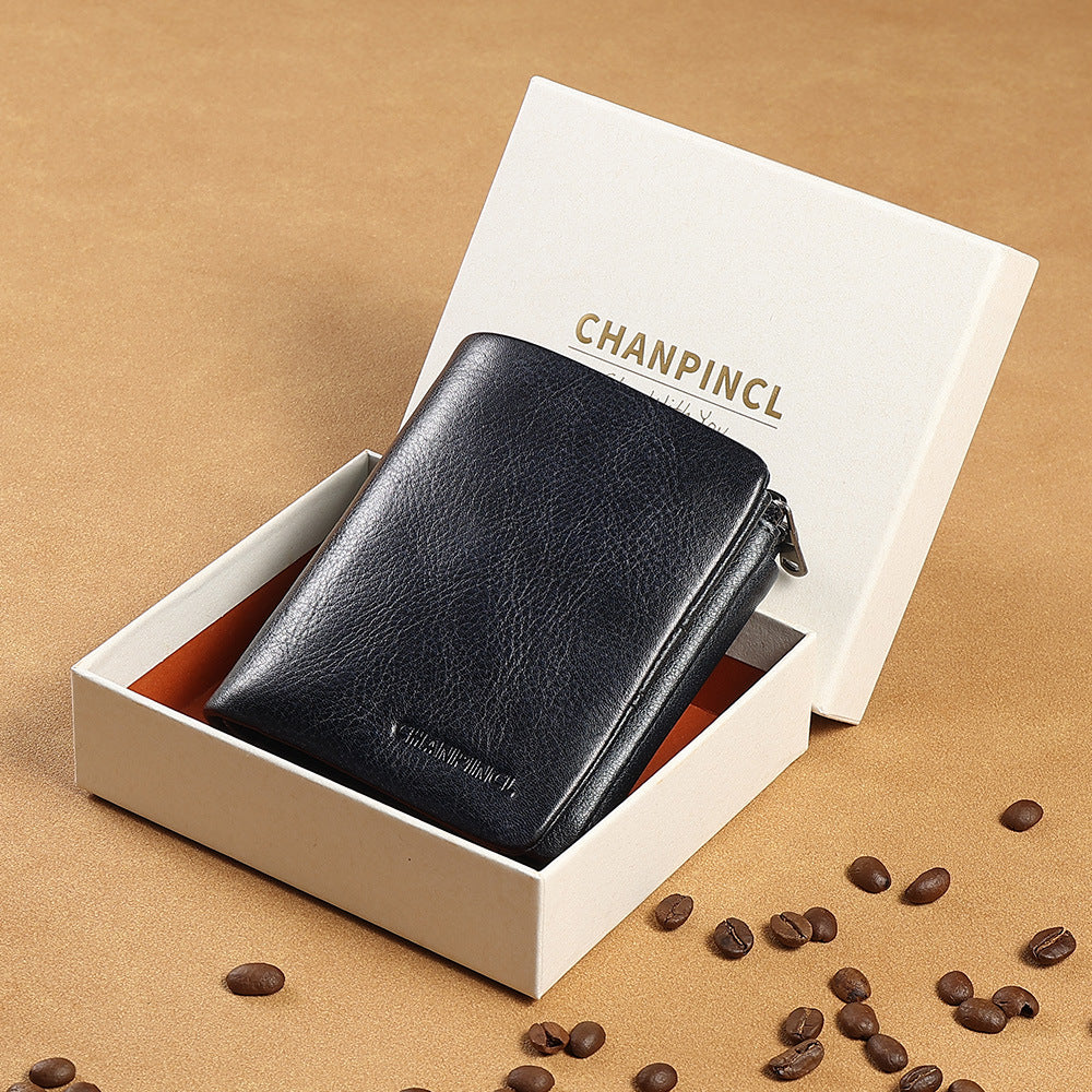 Men's Vertical First Layer Cowhide Zipper Pocket Men's Wallets