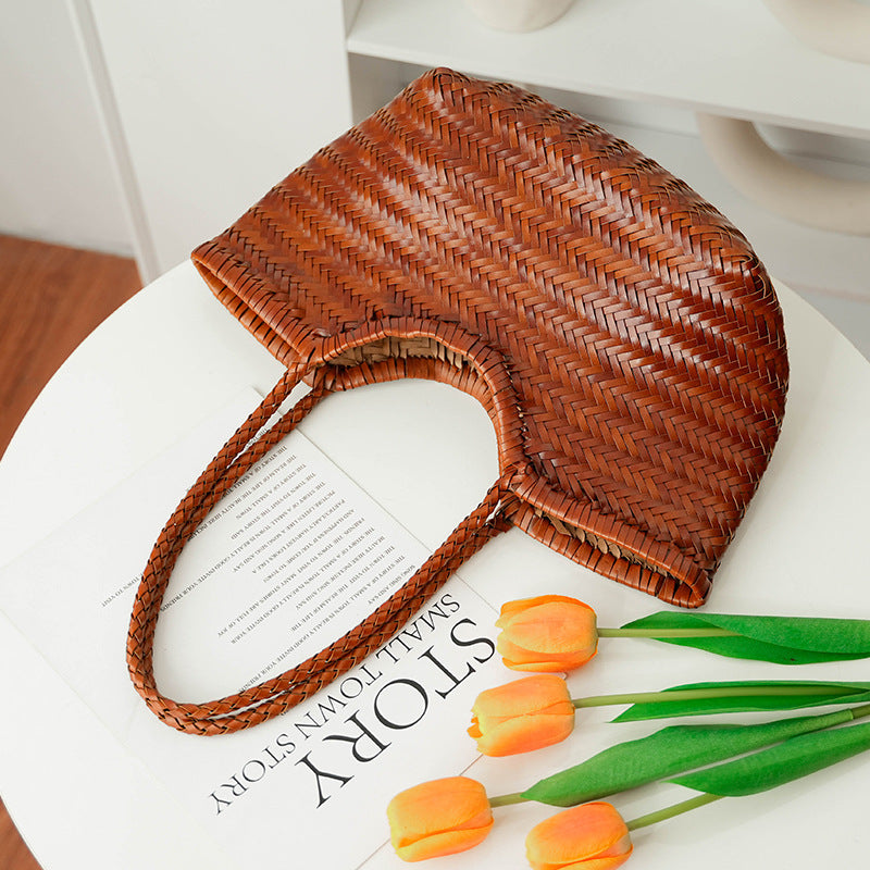 French Retro Woven Authentic Leather Weave Handbags