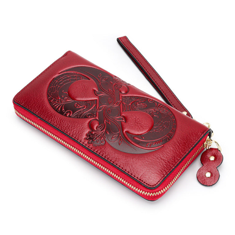 Women's Wax First Layer Cowhide Zipper Large Ladies Wallets
