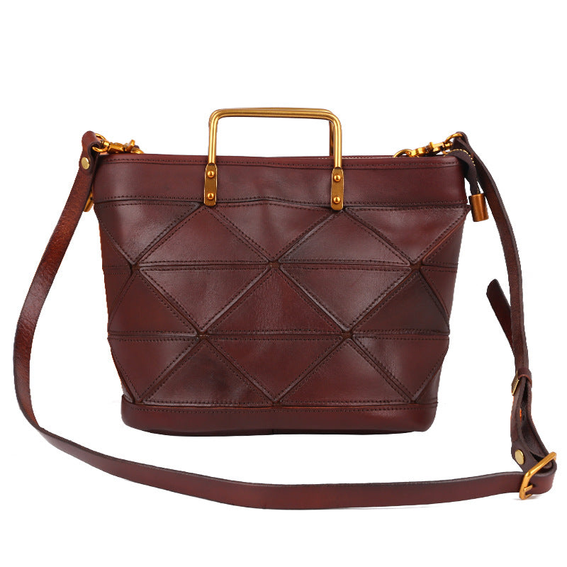 Women's Retro Versatile Geometric Stitched Cowhide Commuter Handbags