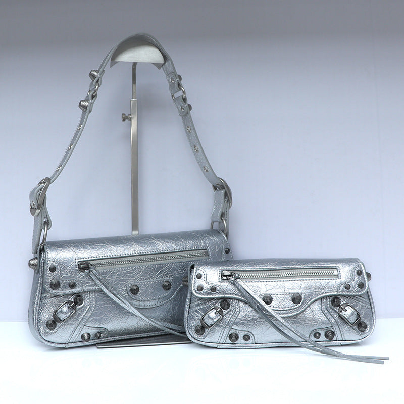 Women's Motorcycle Dark Rivet Baguette Genuine Leather Bags