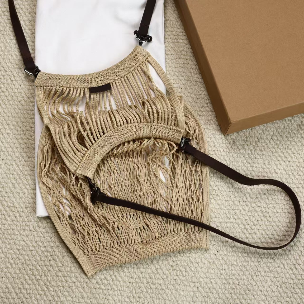 Women's Vegetable Tanned Leather Net Fishnet Woven Shoulder Bags