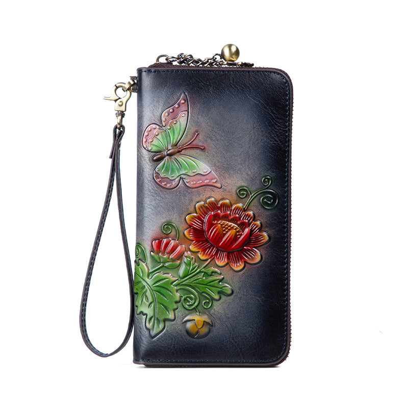 Women's Retro Chinese Style Cowhide Long First Ladies Wallets