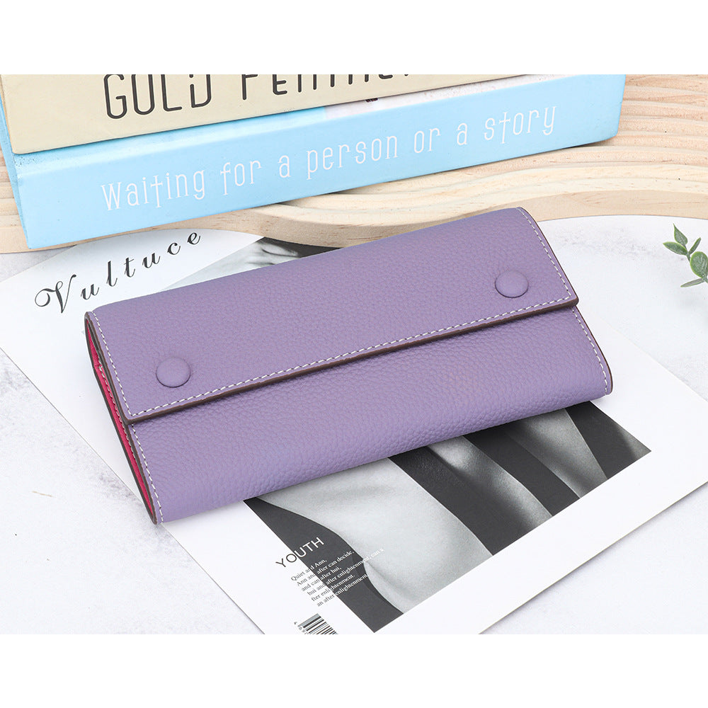Women's First Layer Cowhide Long Large Capacity Color Matching Purses