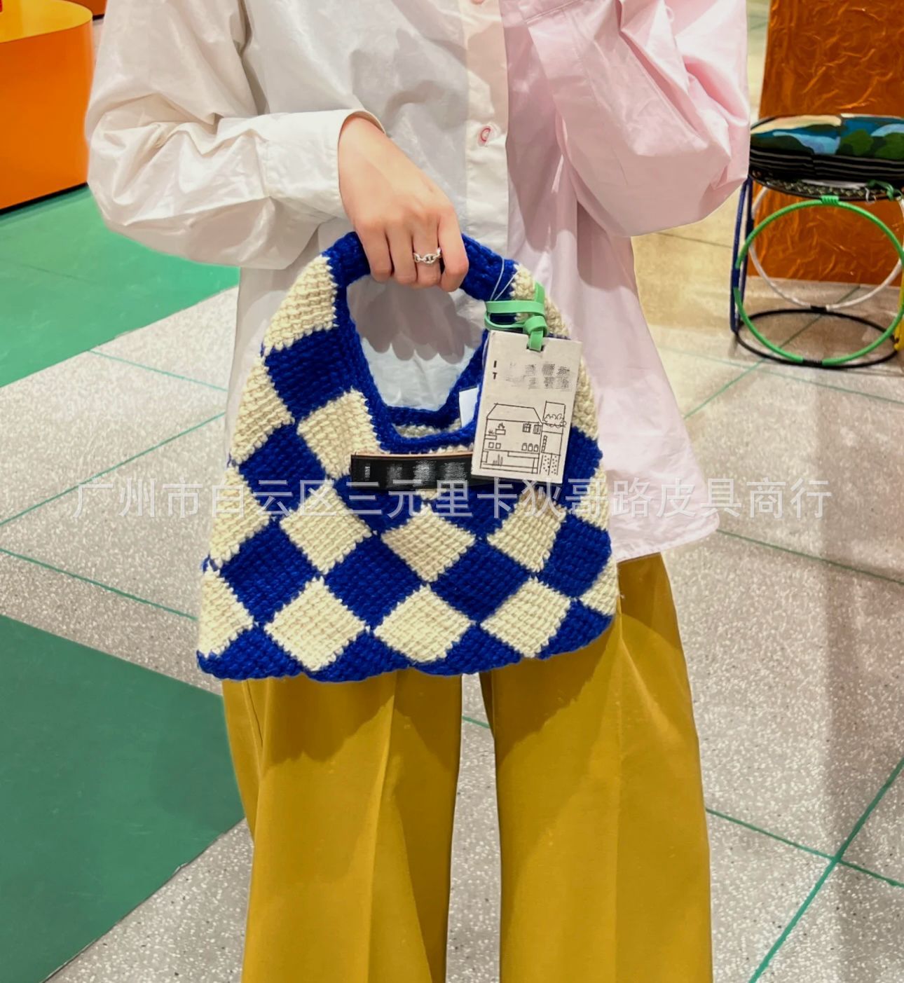 Woolen Yarn Classic Rhombus Hand Chessboard Handmade Handbags