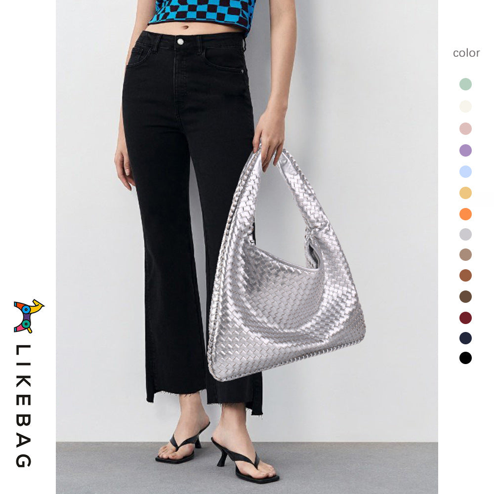 Woven Solid Color Large Capacity Portable Simple Shoulder Bags