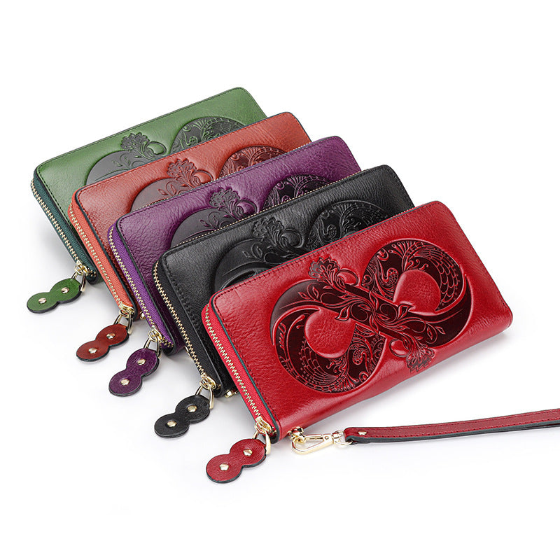 Women's Wax First Layer Cowhide Zipper Large Ladies Wallets