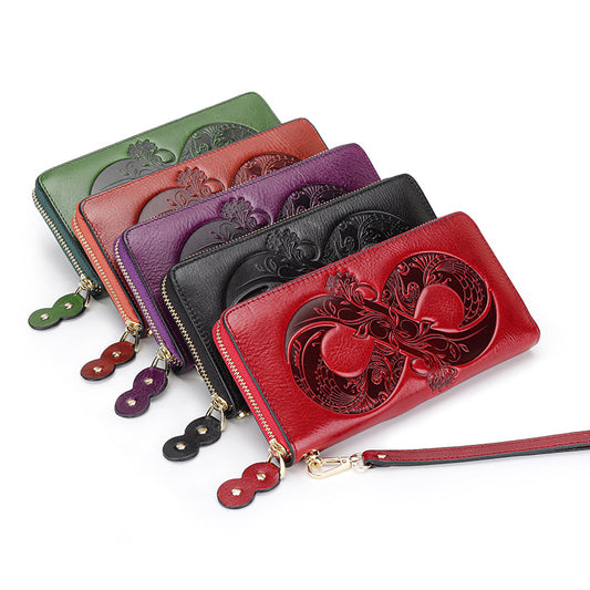 Women's Wax First Layer Cowhide Zipper Large Ladies Wallets