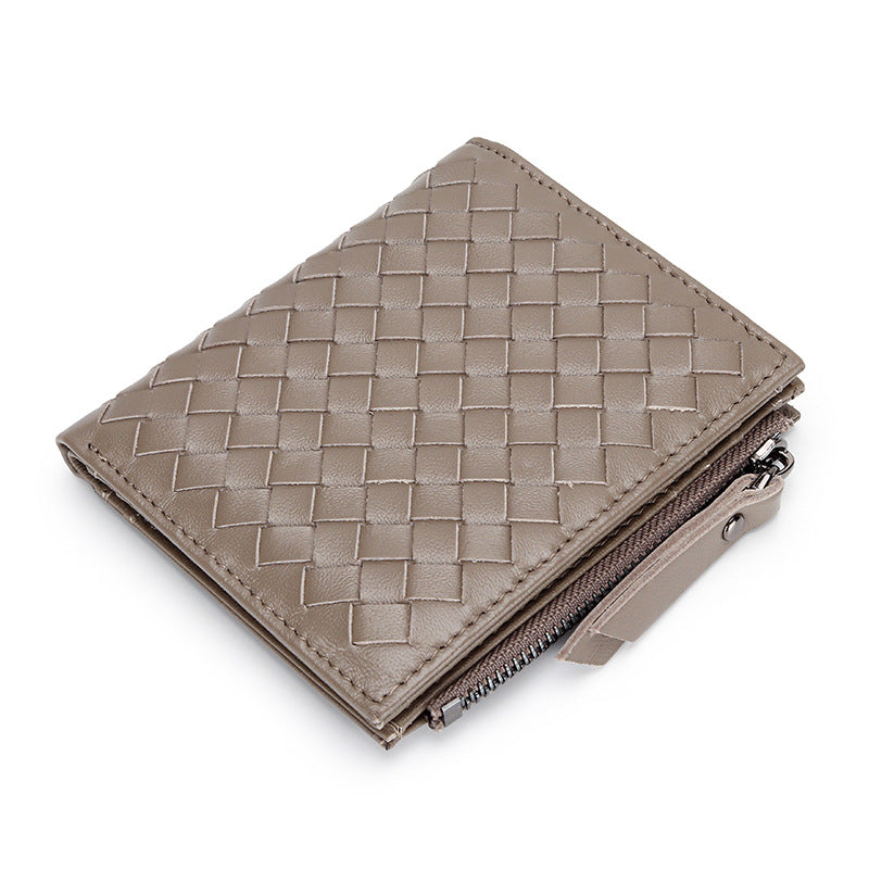 Women's Sheepskin Woven Short Full Leather Vertical Ladies Wallets