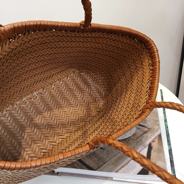 Women's French Style Vegetable Basket Cowhide Hand-woven Bags