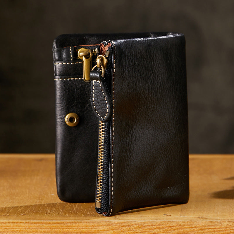Men's Short Genuine Leather Vertical Zipper Green Individual Men's Wallets