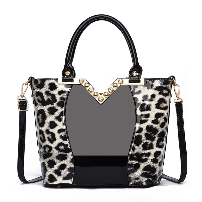 Women's Bright Leather Leopard Print Trendy Big Handbags