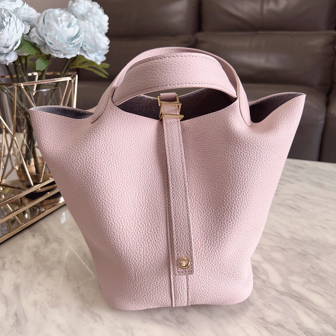 Women's Leather Vegetable Basket Lychee Pattern Cowhide Handbags