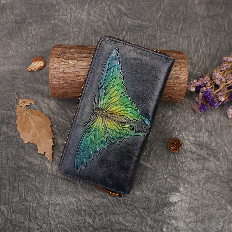 Women's Butterfly Embossed Leather Long Retro Clutch Ladies Wallets