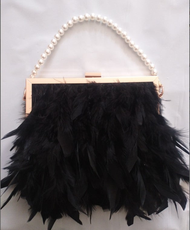 Women's Style Turkey Feather Ostrich Clipped Button Pearl Crossbody Bags
