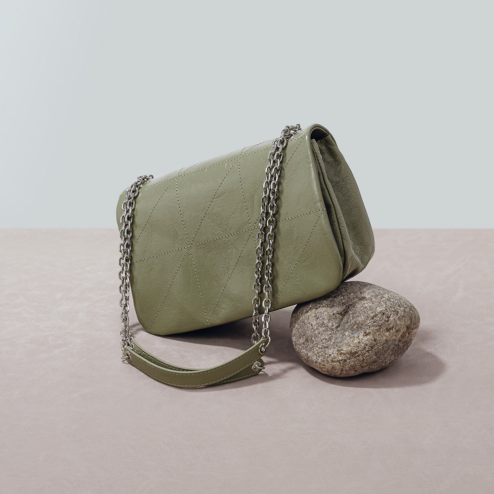 Oil Wax Cowhide Rhombus Chain Retro Easy Matching Shoulder Bags