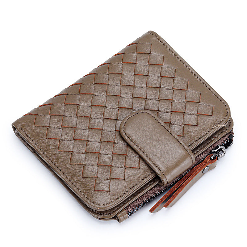Women's Short Sheepskin Woven Classic Half Fold Ladies Wallets