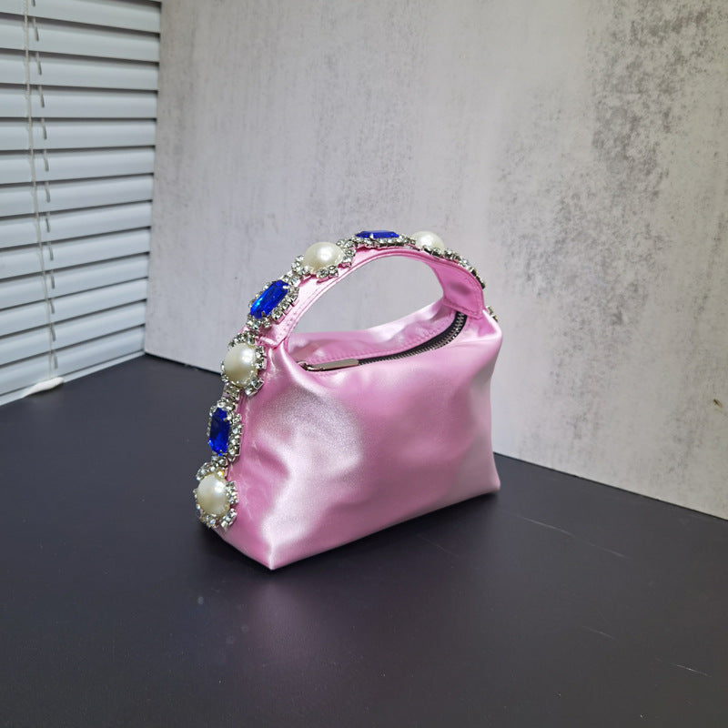 Women's Rhinestone Pearl Pillow Dinner Silk Lunch Handbags