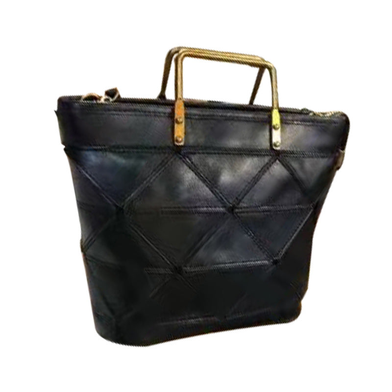 Women's Retro Versatile Geometric Stitched Cowhide Commuter Handbags