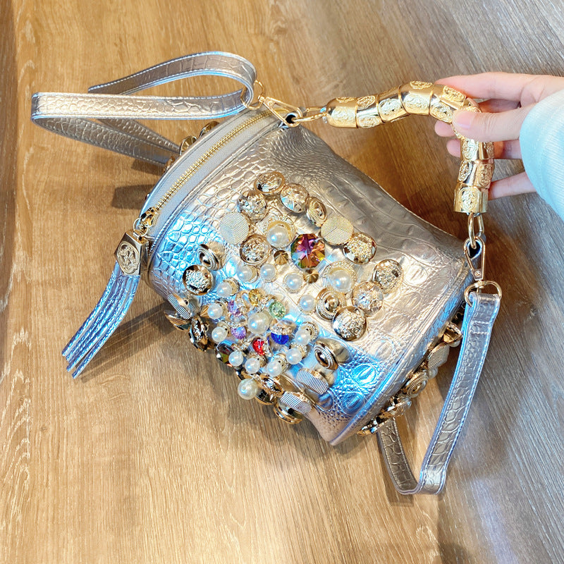 Women's Portable Round Pearl Color Crystal Handbags