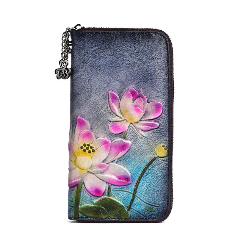 Women's Chinese Long First Layer Cowhide Zipper Mobile Embossed Ladies Wallets
