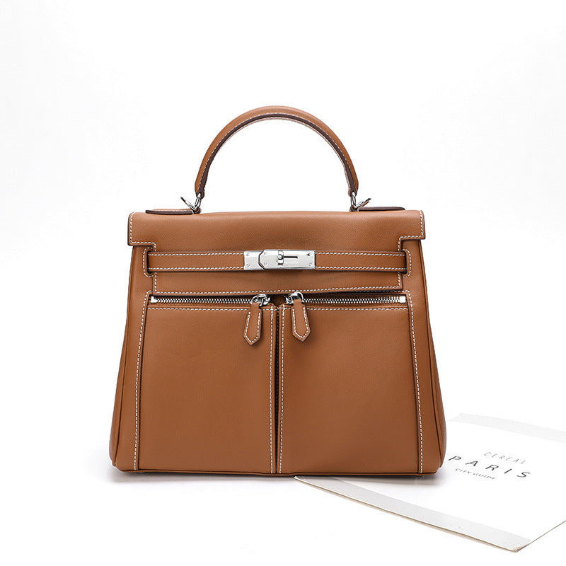 Women's Leather Retro Double Pocket Zipper Wide Handbags