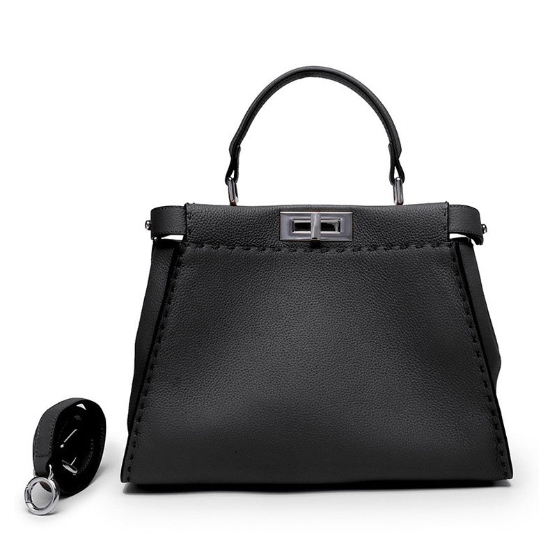 Lychee Pattern Metal Catch Genuine Leather Handbags