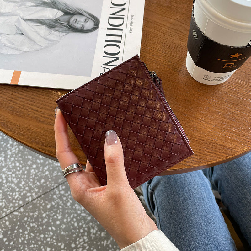 Women's Classy Short Leather Woven Sheepskin Card Holder