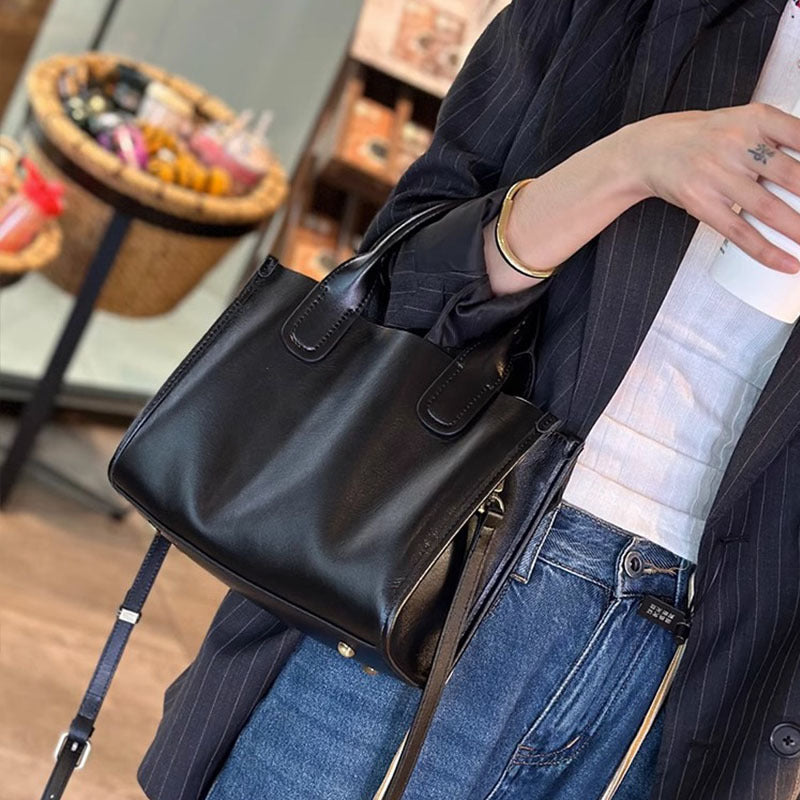 Women's Genuine Leather Vintage Black Fashion Commuter Handbags
