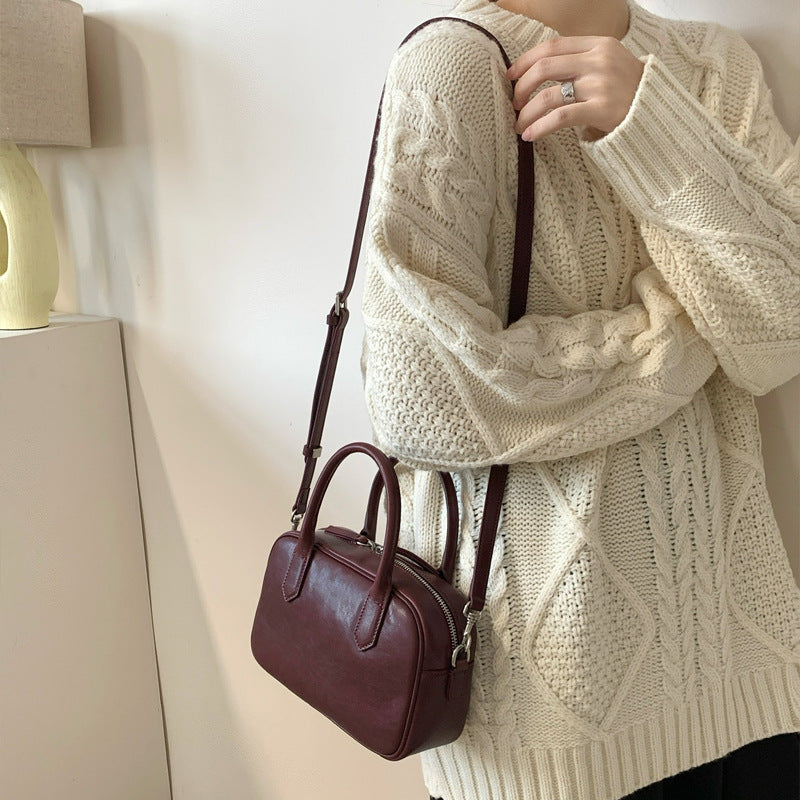 Women's Tanned Leather Bowling Genuine Portable Boston Handbags