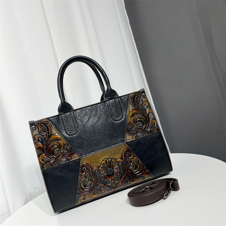 Women's Chinese Style Stitching Artistic Relief Painted Handbags