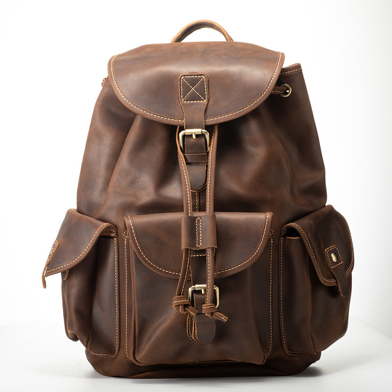Men's Cowhide Crazy Horse Leather Retro Leisure Backpacks