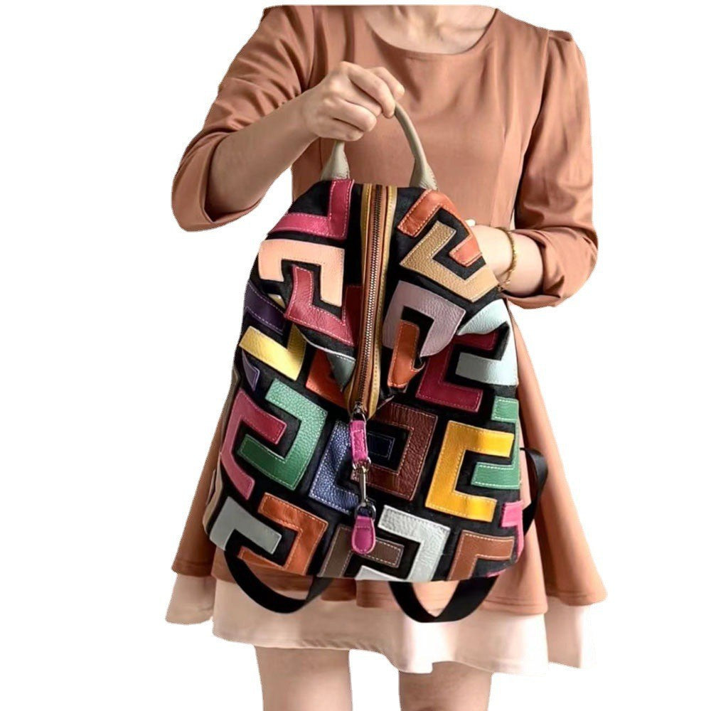 Women's Leather Color Cowhide Stitching Retro Backpacks