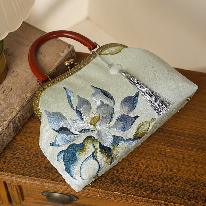 Lotus Flower Embroidered Ancient Style Cheongsam Banquet Bamboo Handbags