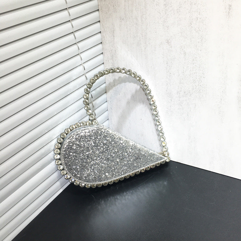 Women's Rhinestone Heart-shaped Banquet Dinner Fashion Sier Handbags