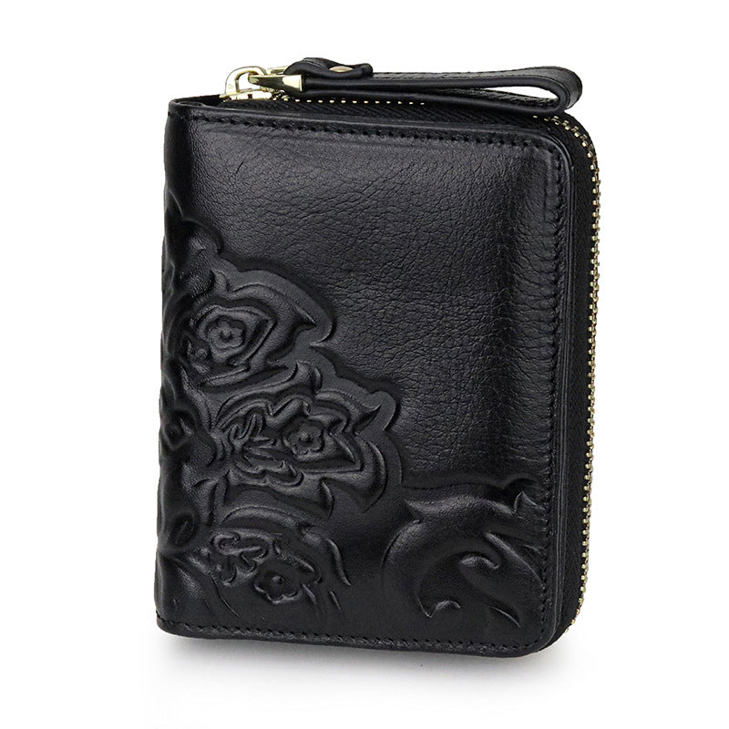 Women's One-piece Embossed First Layer Oil Wax Cowhide Short Ladies Wallets