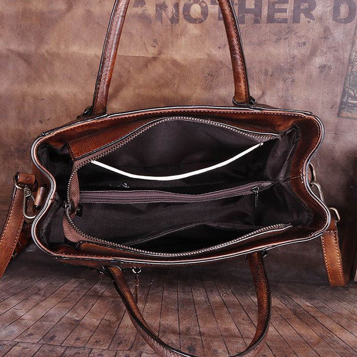Women's Layer Cowhide Retro Craft Embossed Hand-rub Bags