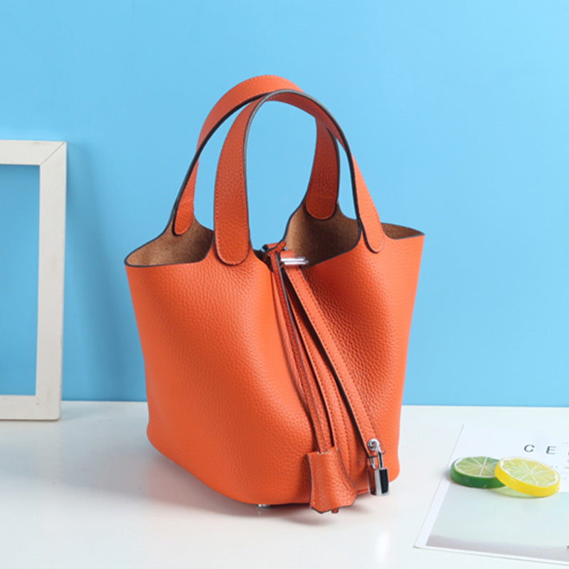 Lychee Pattern Vegetable Basket Genuine Leather Fashion First Layer Handbags