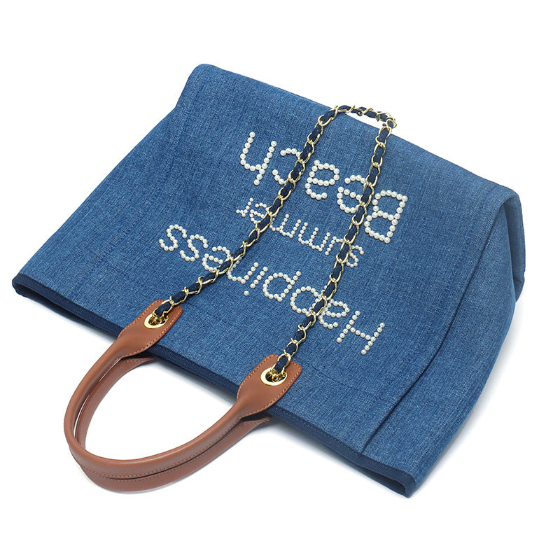 Women's Genuine Leather Portable Chain Pearl Beach Handbags