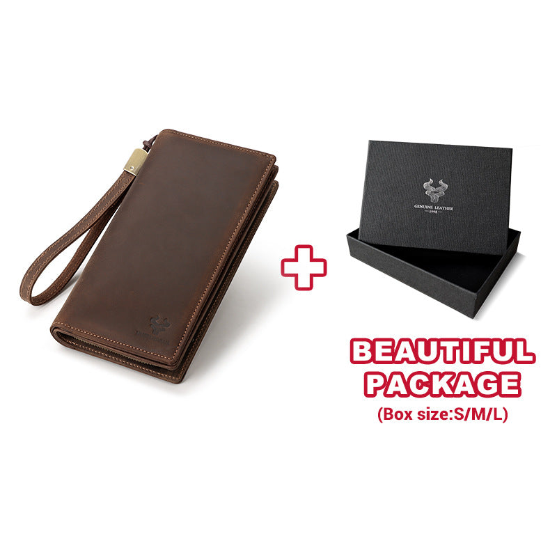 Men's First Layer Cowhide Drawstring Mobile Long Men's Wallets