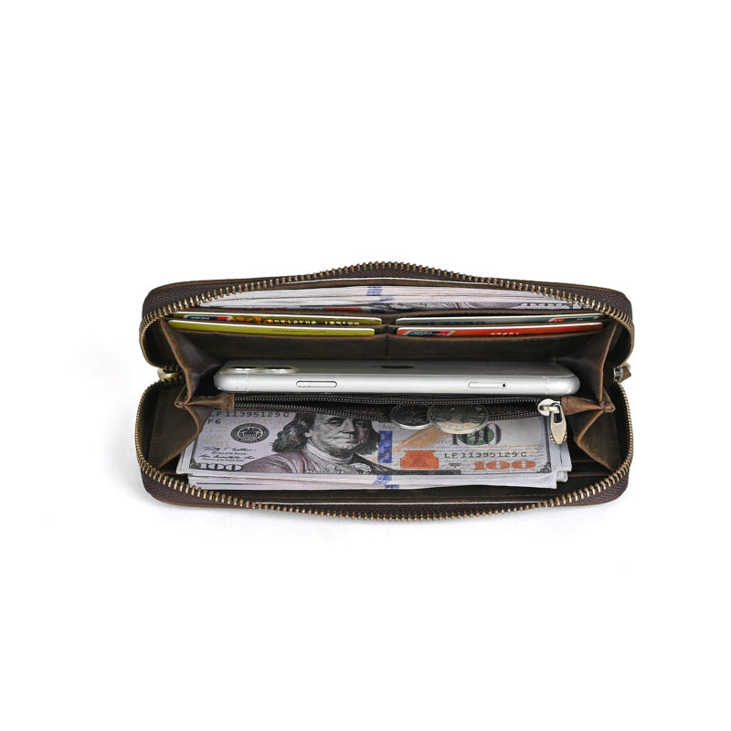 Men's Leather Long Zipper Clutch Retro Embossing Card Holder
