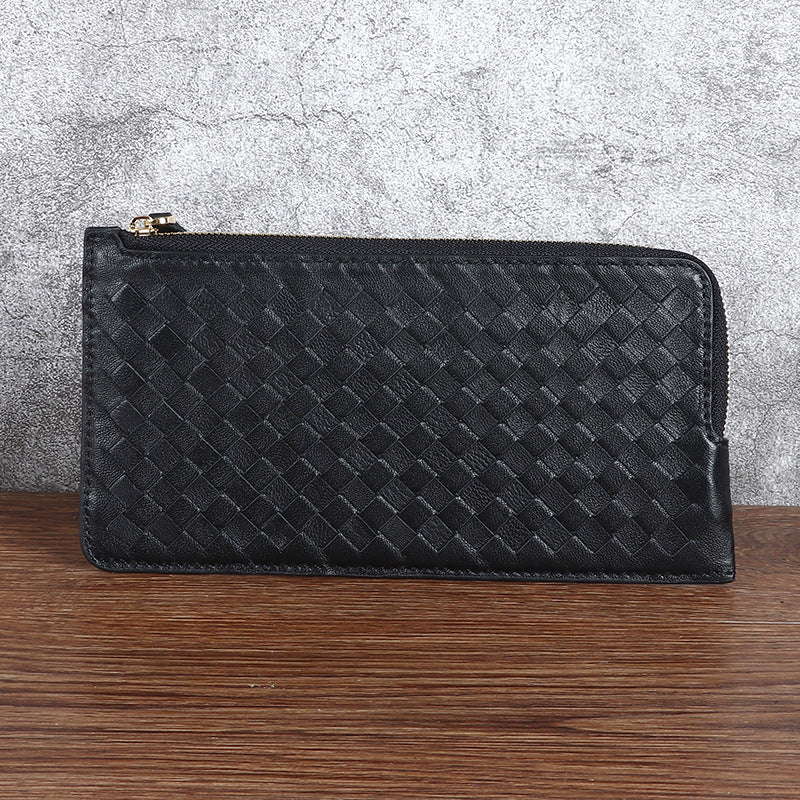 Women's Genuine Leather Long Handmade Sheepskin Woven Thin Ladies Wallets