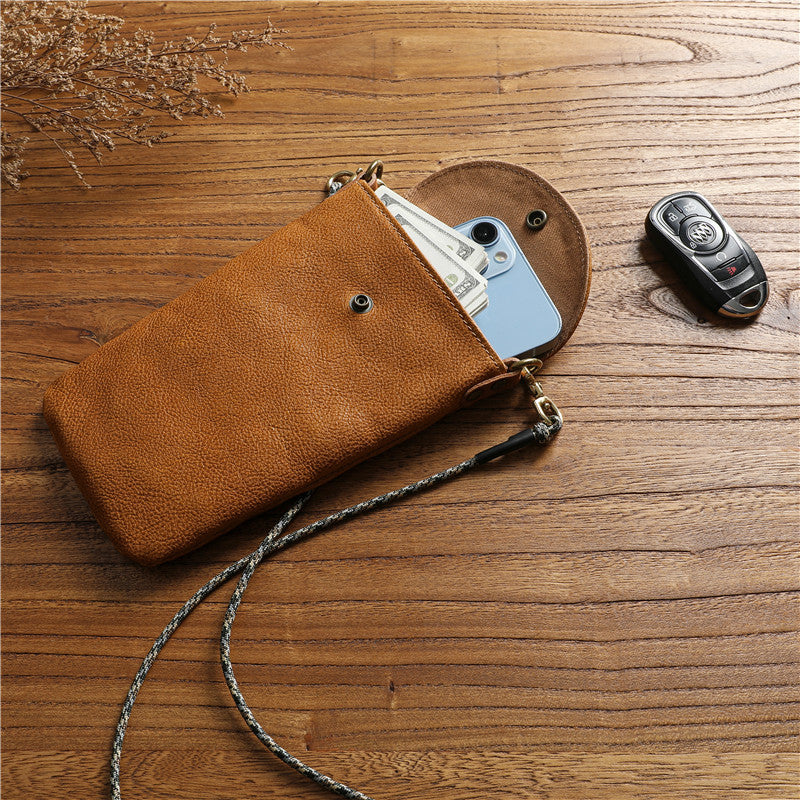 Women's & Men's Vegetable Tanned Leather Cowhide Mobile Mini Genuine Halter Crossbody Bags