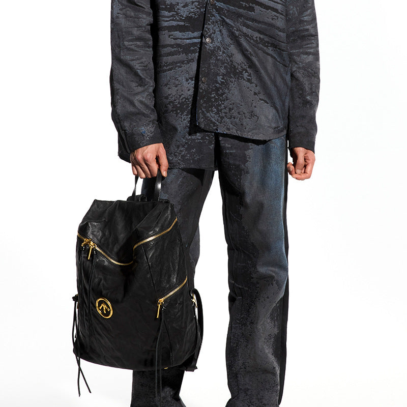 Black Stone Size Pleated Sheepskin Soft Backpacks
