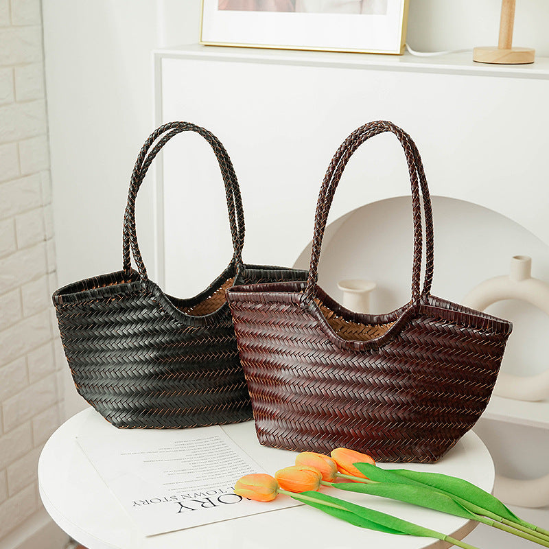 French Retro Woven Authentic Leather Weave Handbags