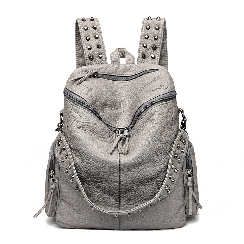 Women's Summer Washed Leather Studded Trendy Simple Backpacks